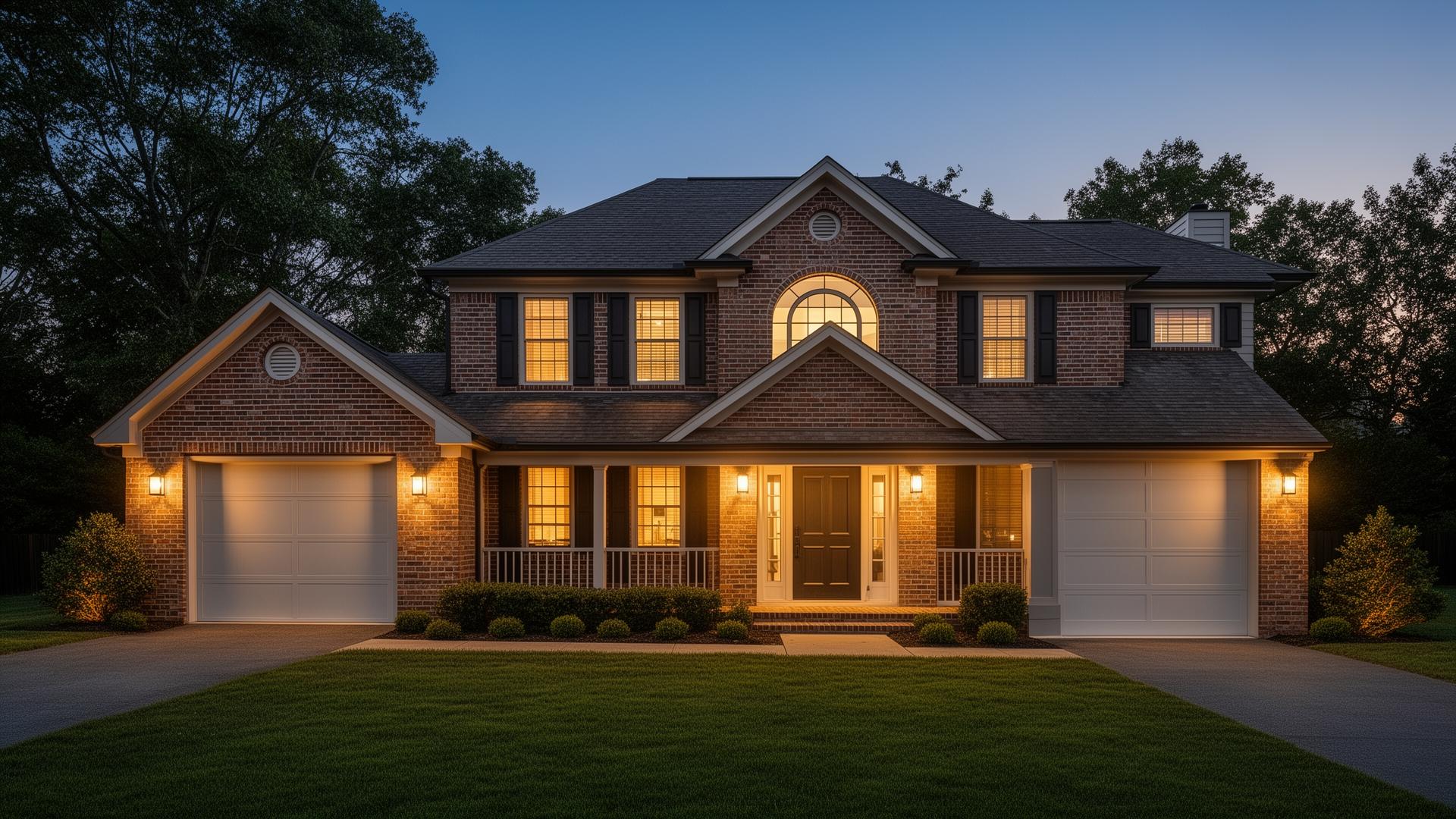 Modern flush panel garage doors on elegant colonial home at dusk